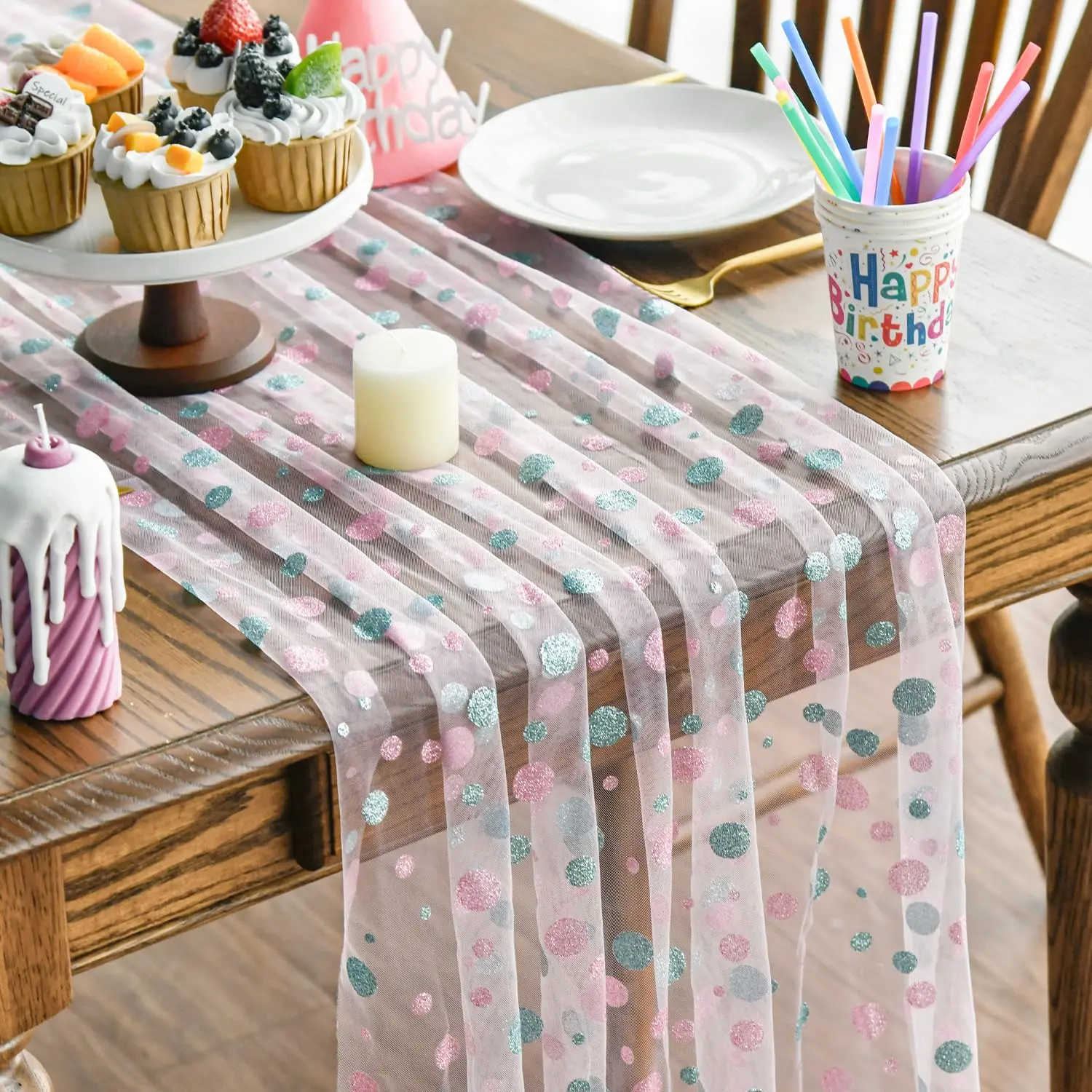 

Width 51 Inch Blue Polka Dots Gauze Table Runner,Seasonal Sheer Dining Holiday Wedding Birthday Baby Shower Table Decor for Home