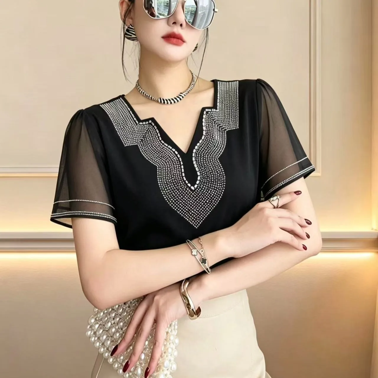 MadBlack-Women European T-Shirt, Sexy V Neck Ruffles Hot Diamond, Fashion Short Sleeve Slim M-3XL Thin Tee, 2026 Summer T66402CC