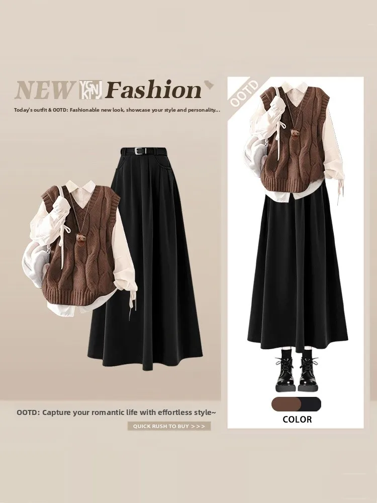 

Korean College Sle Knitted Vest irt High Waist Skirt Tee Piece Set Women Winter Age Reduction Whole Outfit Matching