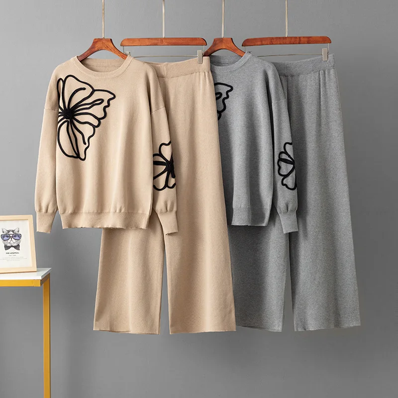 

Temperament Knitted Suit Round Neck Embroidered Sweater+loose Casual Wide Leg Pants Two-piece Set for Women