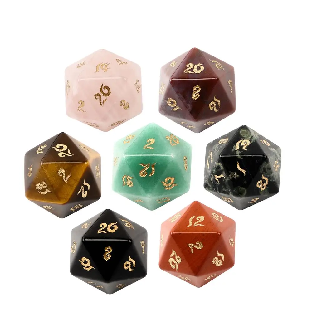 Hot Sales New Font Spot Goods Natural Stone D20 Dice Obsidian Rose Quartz Polyhedron Crystal Dice Custom Symbol Pattern Logo