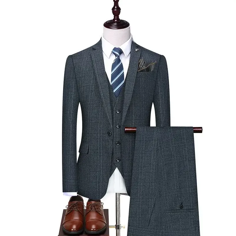 Costume en lin (Blazer + Gilet + Pantalon) pour homme – Style britannique, élégant, pour le travail,