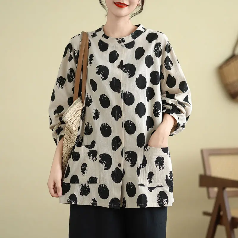 Vintage Sping Autumn New Women Clothing O-Neck Polka Dot Single Breasted Temperament Fashion Loose Long Sleeve Loog Shirts Tops