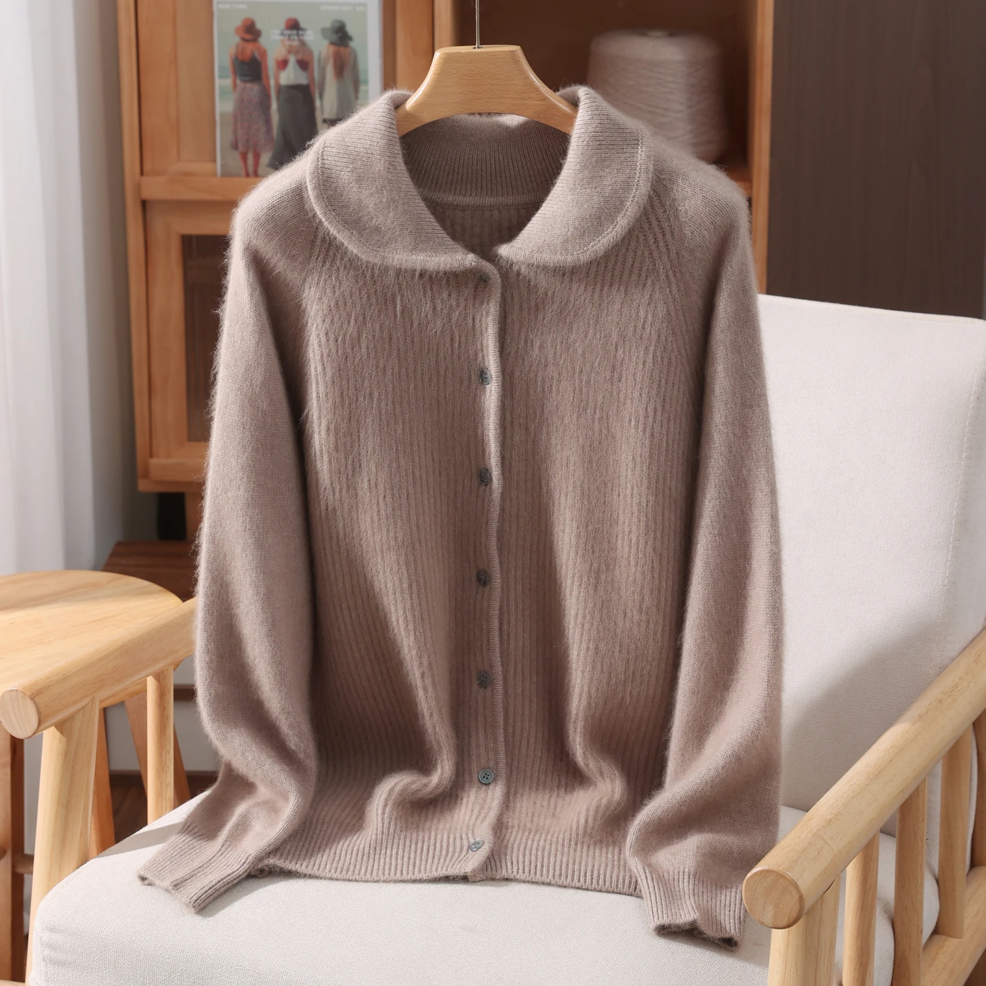 Fluffy Woman Autumn Winter 100% Mink Cashmere Sweater Peter Pan Collar Cardigan Button Front Loose Long Sleeve Clothing Tops