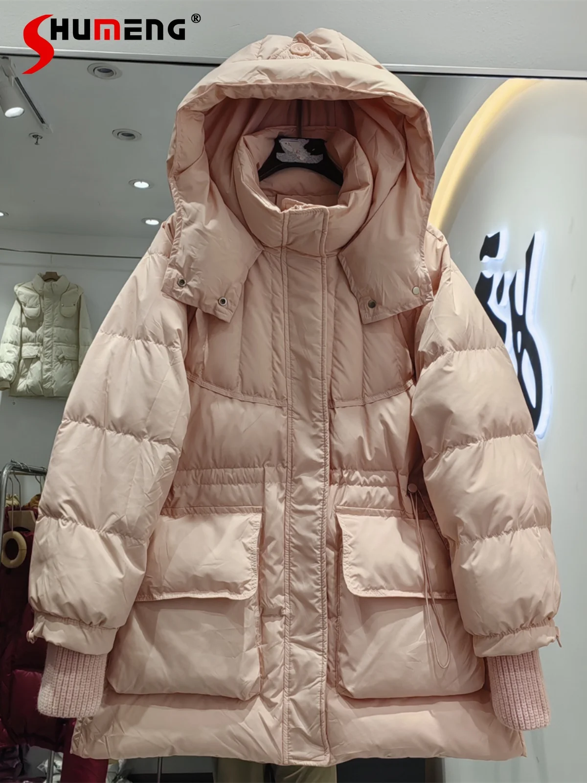 2024 Winter New Female Down Jackets Women\'s Hooded Medium Long Knitted Sleeves Drawstring Waist Thickened White Duck Down Jacket