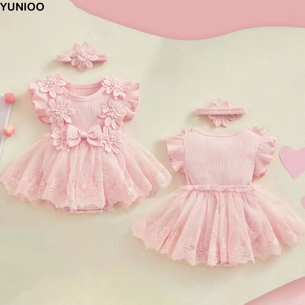 

Fashion Cotton Baby Girl Princess Dress Lace Mesh Bowknot Toddle Petti Skirt Short Sleeve Sweet Infant Dress with Headband Kids