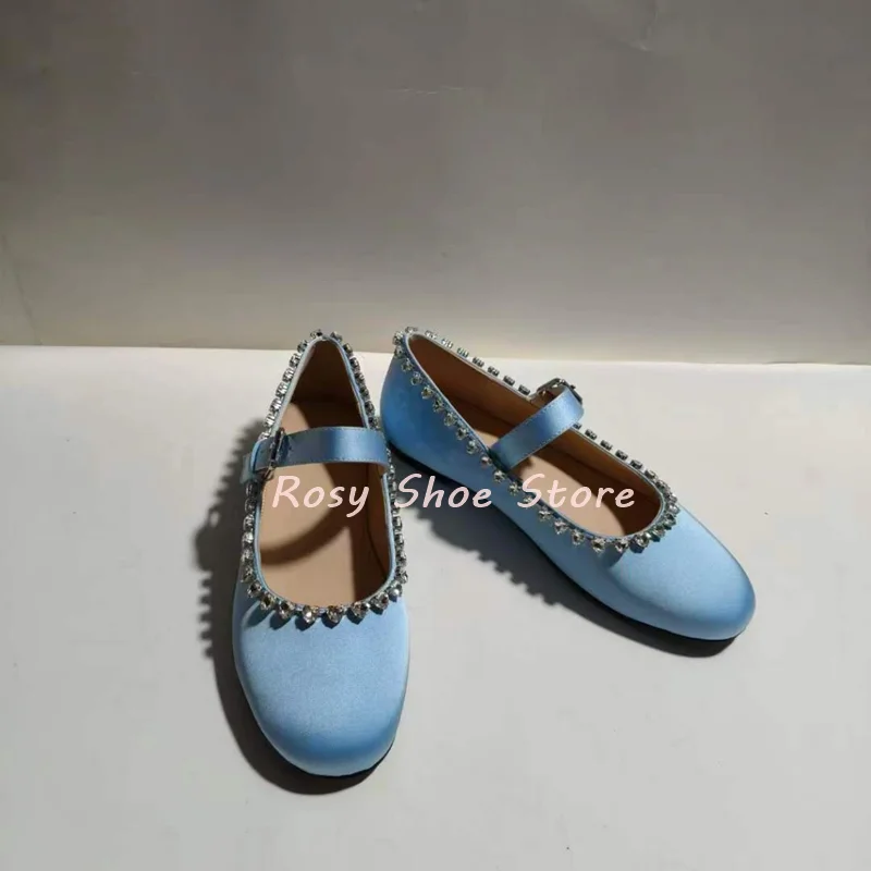 

Ballet Style Exquisite Satin Round Toe Heart-Shaped Crystal Ornament Flat Shoe Versatile Shallow Mouth Slip On Adjustable Buckle