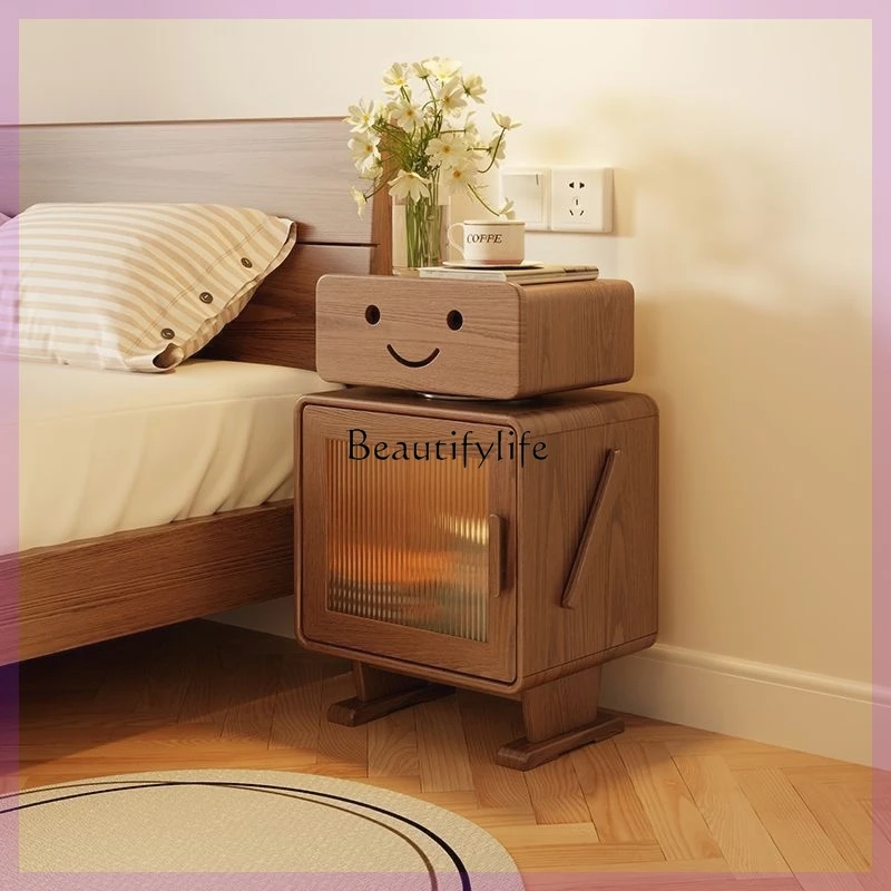 Solid Wood Bedroom Storage Cabinet Living Room Side Robot with Light Bedside Cabinet