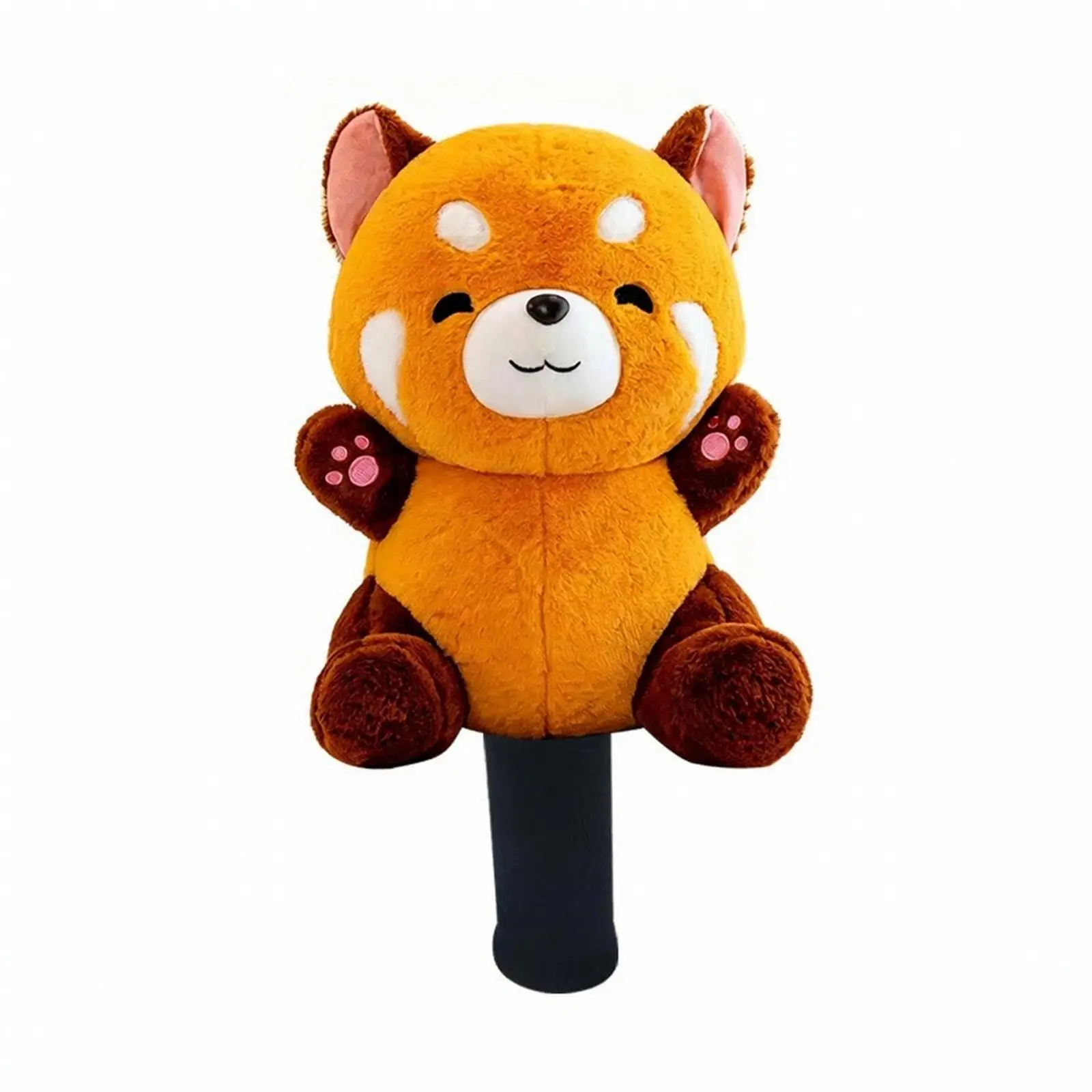 動物のキャラクターが描かれたゴルフヘッドカバー。ゴルフクラブ用のぬいぐるみ素材のドライバーカバー。赤いパンダのデザイン。ニット素材で、ゴルフバッグのアクセサリーとして使用可能。
