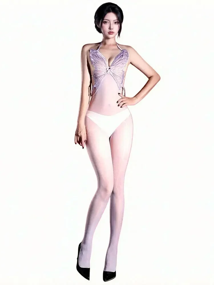 Women Butterfly Lace Lingerie Halter Neck Glossy Sheer Bodysuit Sexy Backless Jumpsuit Honeymoon Fashion See Through Leotard