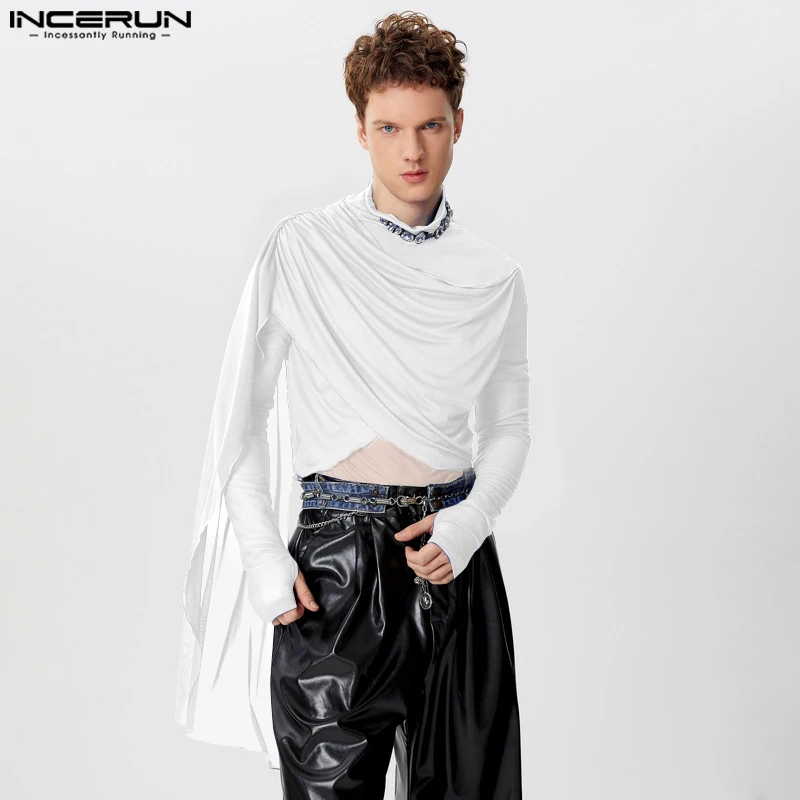 INCERUN Tops 2024 American Style Men\'s Cross Deconstruction Ribbon Design T-shirts Fashion Male Thin Long Sleeved Camiseta S-5XL