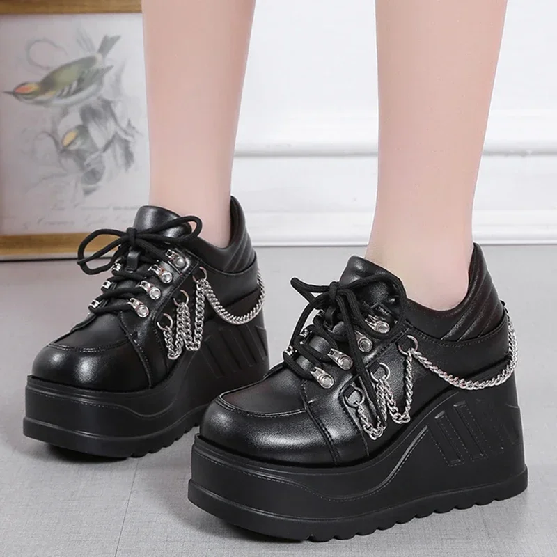 

2023 New Metal Chain Punk Gothic Shoes Woman Thick Bottom High Wedge Sneakers for Women 2023 New Black Chunky Platform Shoes