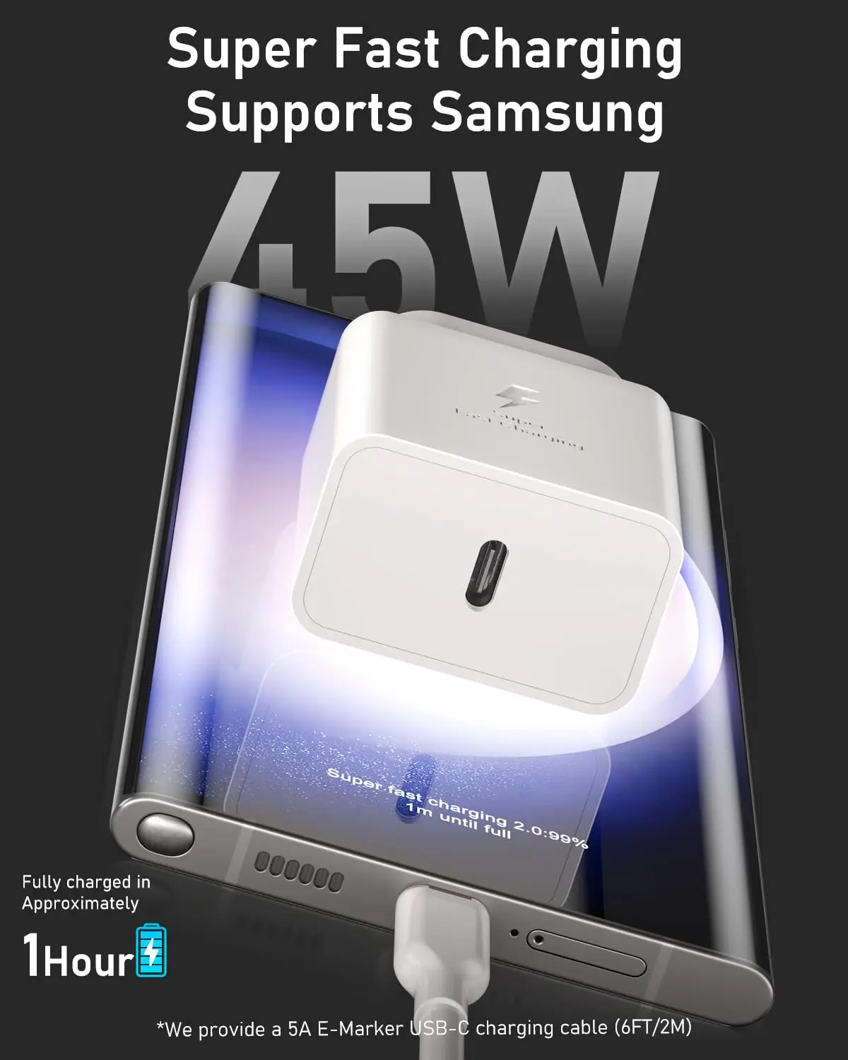 Australian standard charger 45W Super Fast Charger,USB C Fast Charger Compatible for Samsung S25/S24/S23 with 2M/6.6FT C to C view 2