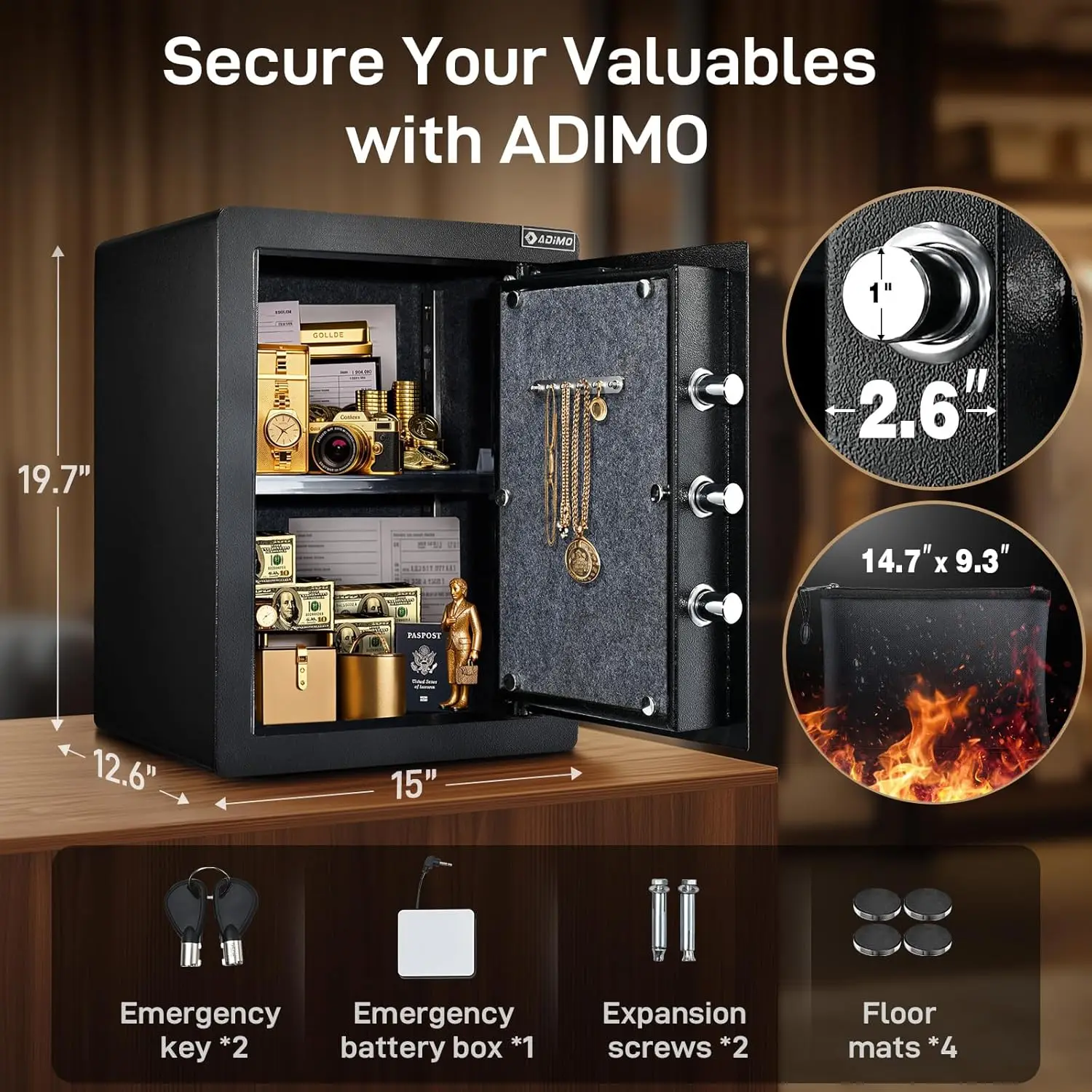 Fingerprint Safe Box, 2.1 Cuft Biometric Safe w/Removable Shelf, Heavy Duty Fireproof Safe w/Sensitive Alarms, Dual Key System,