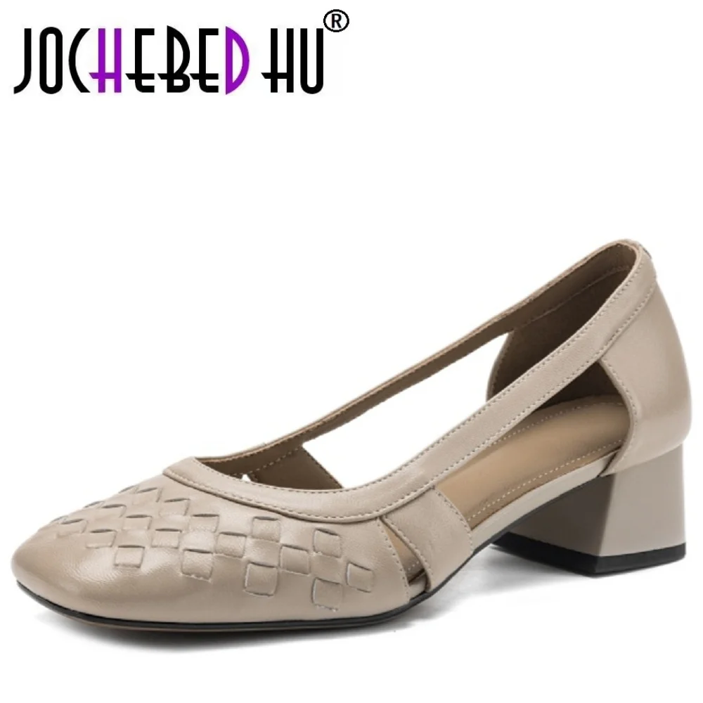 JOCHEBED HUHandmade Genuine Leather Woven Sandals Women Chunky Side Open Toe Slippers Retro Mid Heel Casual Single oes 34-40