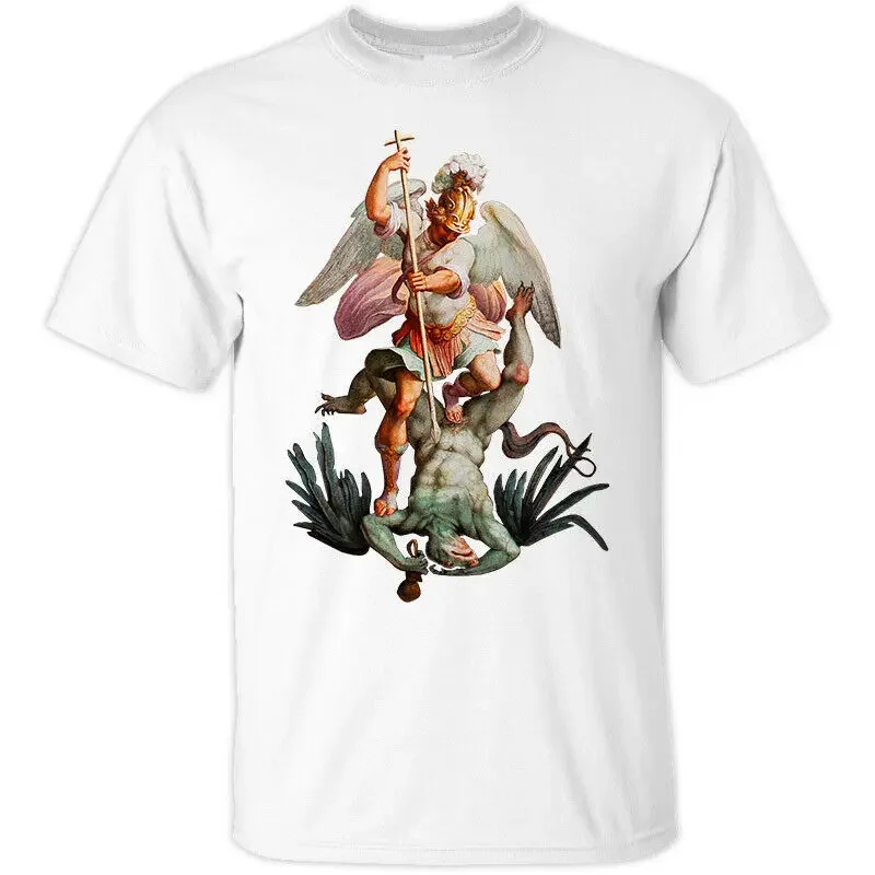 Saint Michael The Archangel Destroy Devil Catholic T-Shirt. Premium Cotton Short Sleeve O-Neck Mens T Shirt New S-3XL