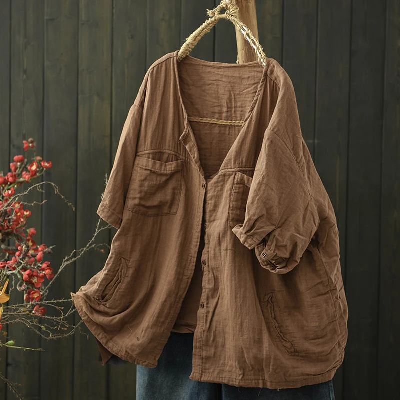 오버사이즈 여성 캐주얼 코튼 셔츠 신상 2025 여름 빈티지 스타일 O넥 단색 루즈핏 여성 탑 셔츠 T624