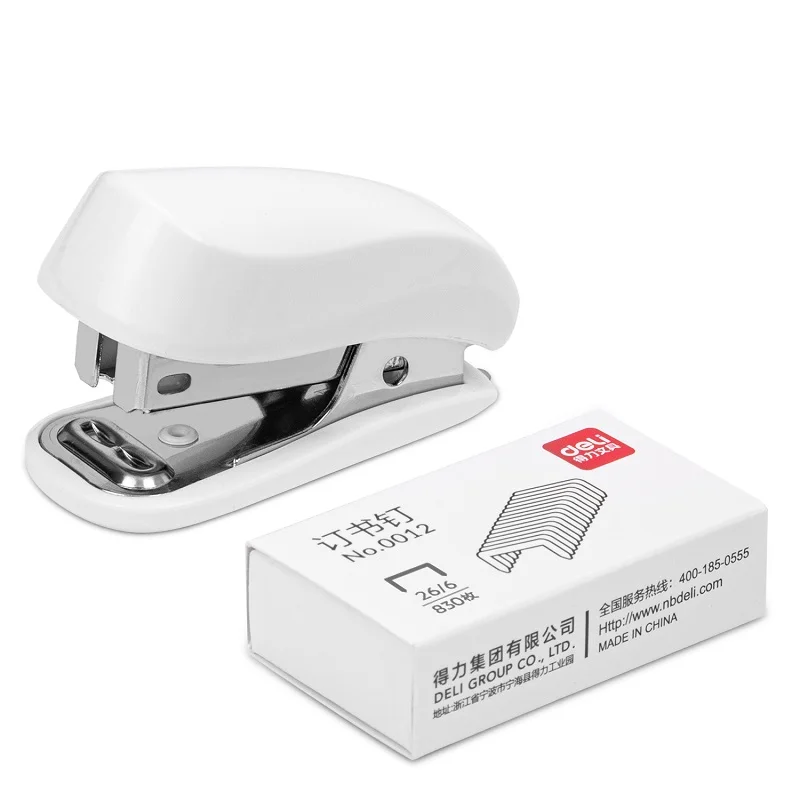 Deli 0255 white school mini stapler set for students 1pcs stapler +830pcs staple portable office stapler set 192set Per Carton