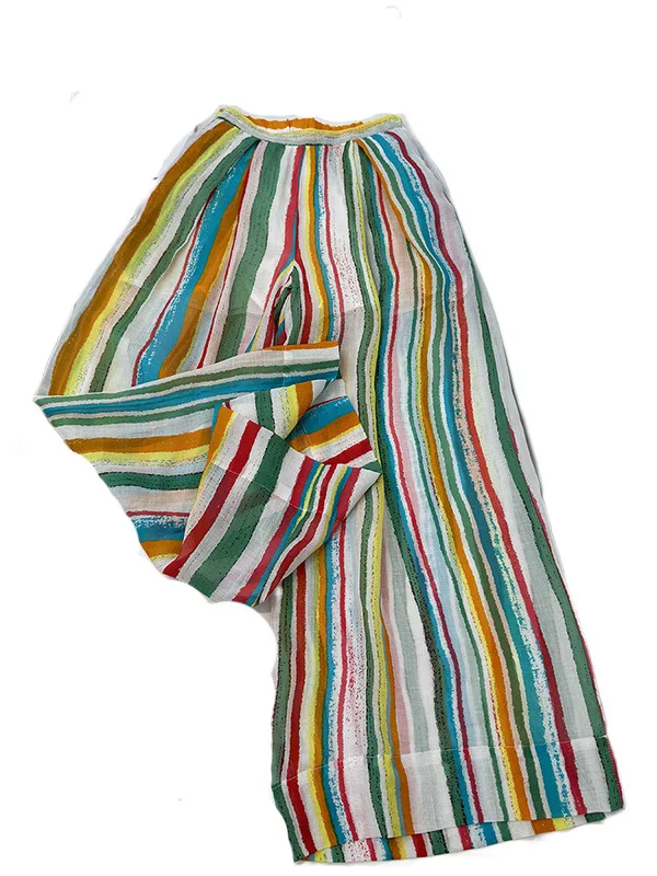 면 린넨 와이드 레그 팬츠 여성 여름 얇은 신축성 높은 허리 루즈핏 스트레이트 캐주얼 바지 스트라이프