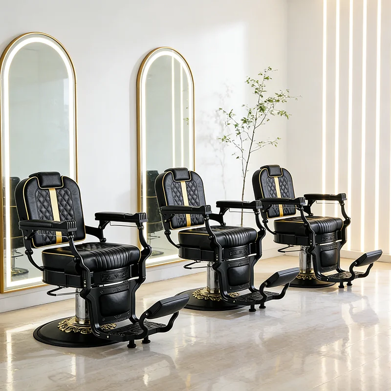 

Luxury Barbershop Furniture Green Gold Salon Hairdreesing Styling Chair Heavy Duty Rotation Tufted Round Base Barber Chair