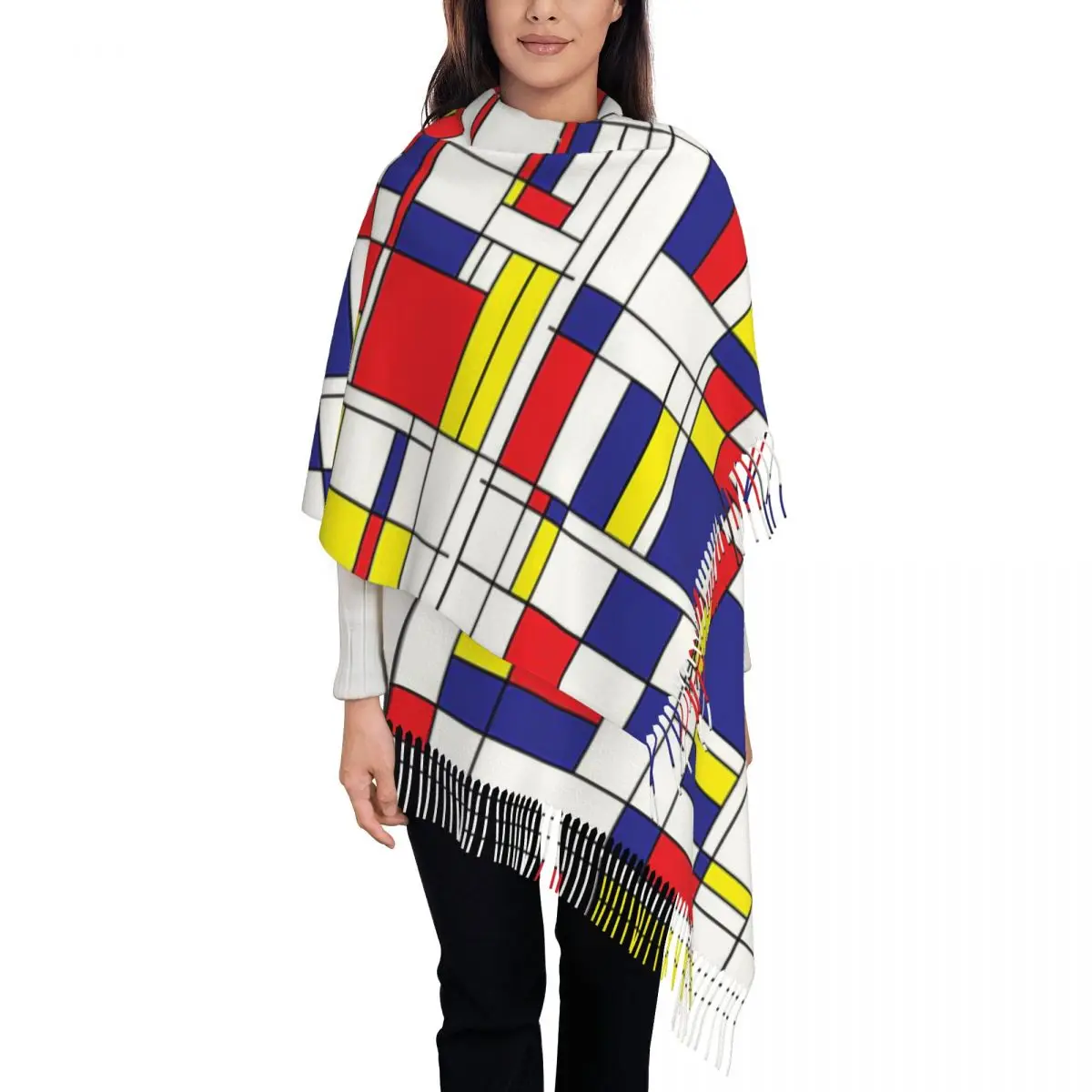 Mondrian Minimalist De Stijl Modern Scarf Tassel Scarves Women Soft Warm Shawls and Wraps Long Fall Winter Shawl Wrap