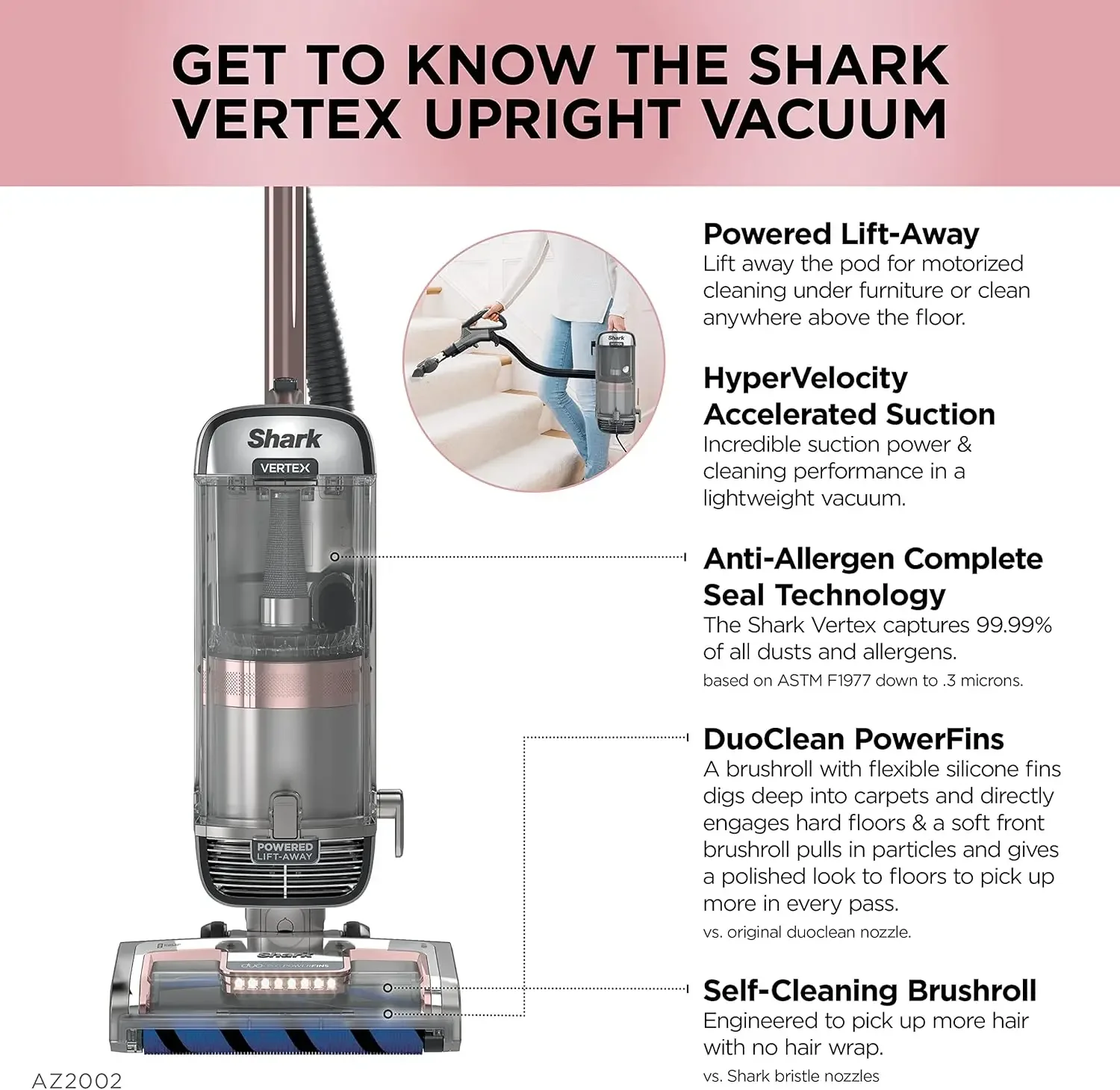 Shark AZ2002 Vertex Powered Lift-Away Upright Vacuum with DuoClean PowerFins, Self-Cleaning Brushroll, Large Dust Cup