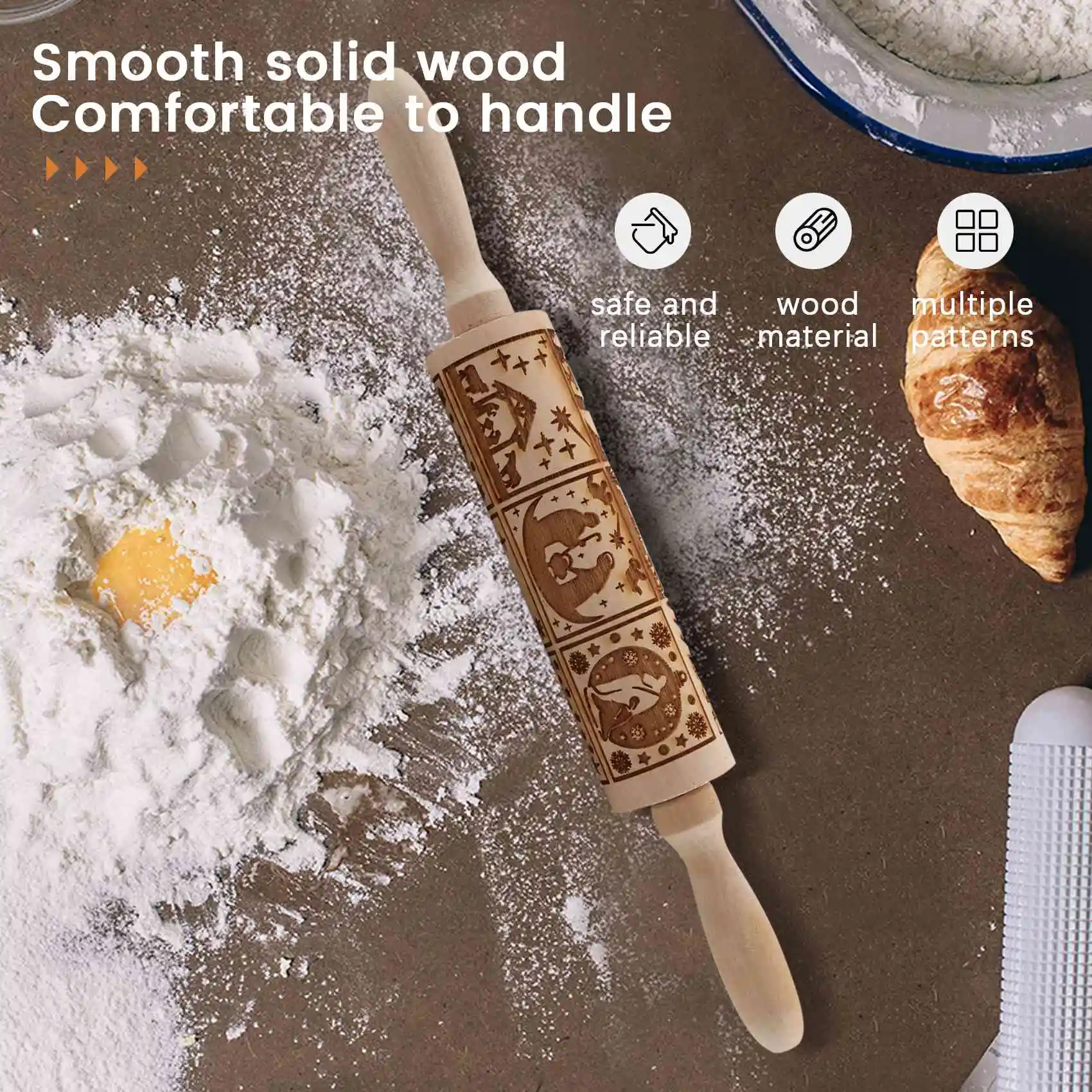 A33Z-Nativity Pattern Xmas Christmas Wooden Embossing Rolling Pin With 9 Different Scene For Baking Embossed Cookies view 4