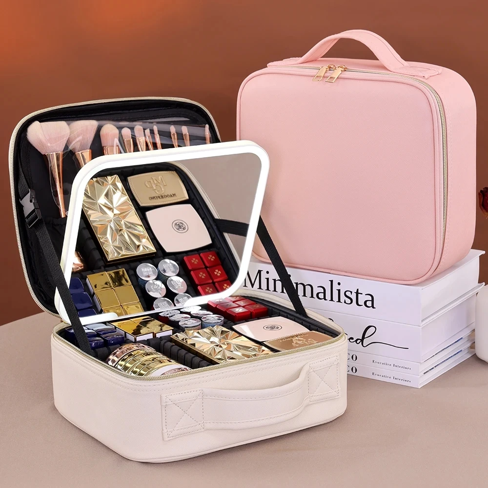 Women's Travel Makeup Pouch LED Mirror Cosmetic Case Organizer with Adjustable Dividers And 3 Color Light Storage Bags