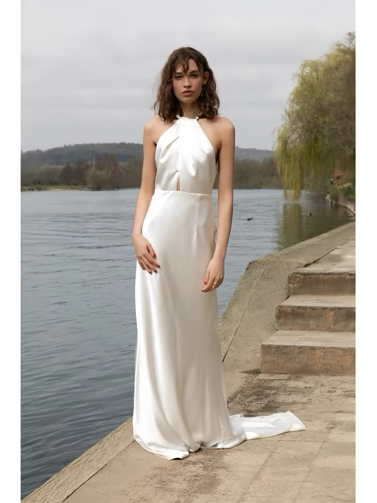 High-end branco cetim vestidos de noite halter sem costas longo casamento praia férias celebridade cerimônia de formatura vestidos novo 2025