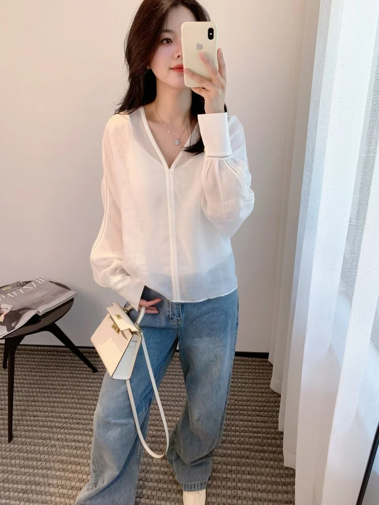 

Белая льняная женская блузка с V-образным вырезом и длинным рукавом, свободного кроя, тонкая модель с бретельками, со встроенным топом, повседневная, летняя, дышащая