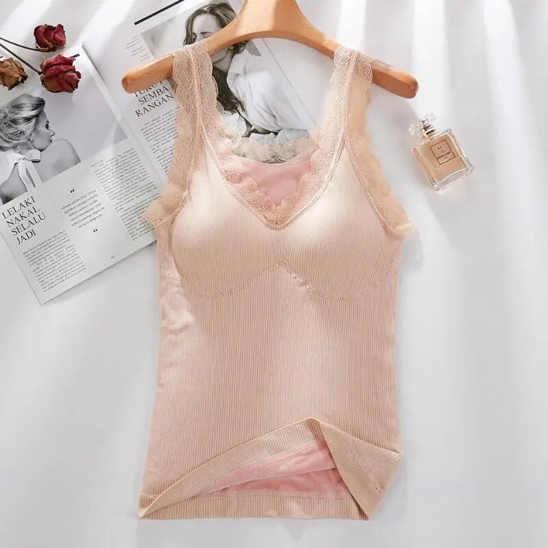 Damen-Herbst-Winter-Unterhemd mit Spitzenkanten, weicher Komfort, warme Weste, eng anliegende Innenschicht mit warmer Basis aus dickem Samt ﻿