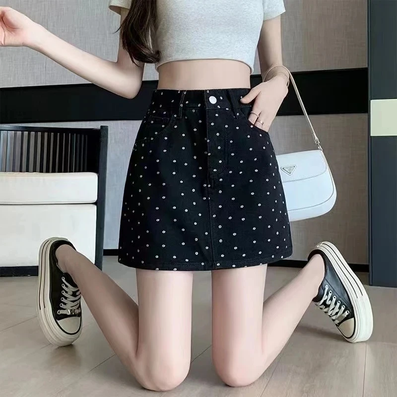 Y2K Polka Dot Print Denim Mini Skirt for Women High Waist Slim Fit A-Line Wrap Spring Summer New Style Korean Female Clothing