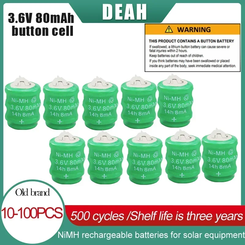 10-100PCS Original 3.6V 80mAh NI-MH Rechargeable Batteries For Watch LED Lamp Flashlight Solar Water Heater Clock Cell With Pins