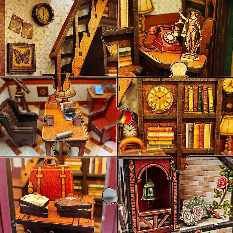 DIY Wooden 3D Puzzle Miniature House with LED Light Vintage Clock Tower Model Educational Craft Kit for Home Decoration