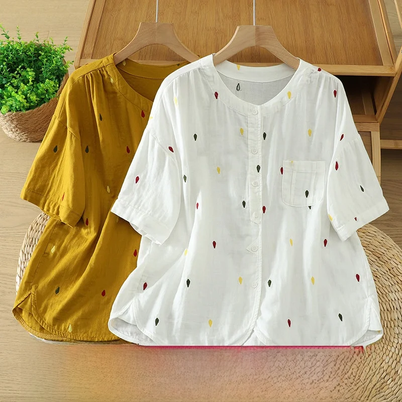 

Loose Fit Cotton Shirt Women Summer Breathable round Neck Short Sleeve Embroidered Top plus Size Double Layered Shirt