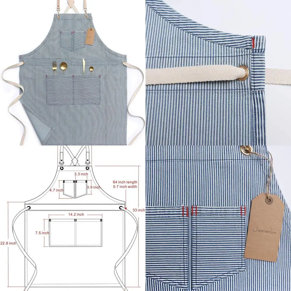 

Unisex Striped Denim Apron with 4 Pockets - Adjustable Cross Back for Baristas, Chefs, Barbers, Painters & Gardeners, Sizes M to