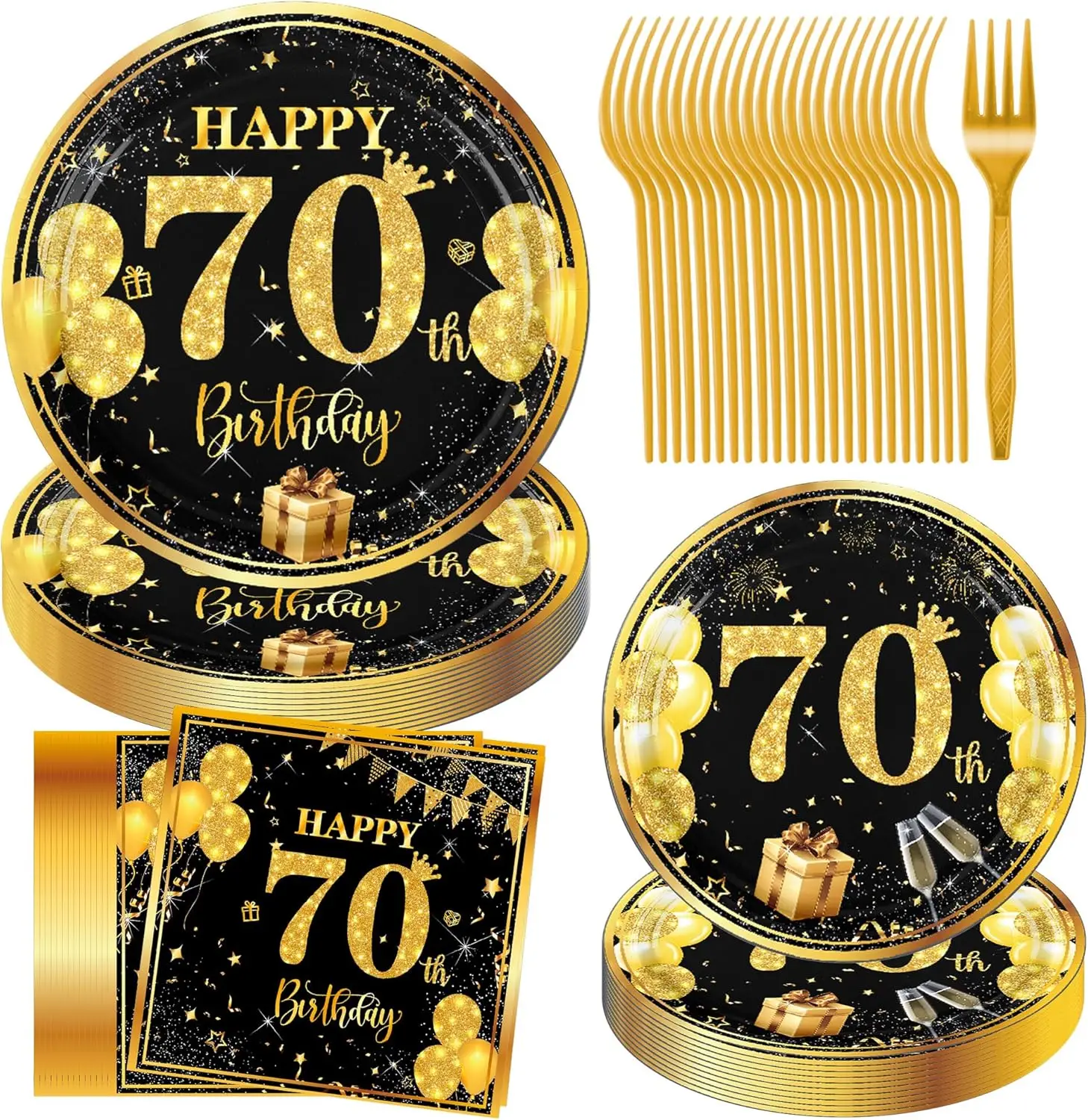 70th birthday decorations for men women black gold Birthday supplies Plates and Napkins, Cups, tablecloth, Disposable Tableware