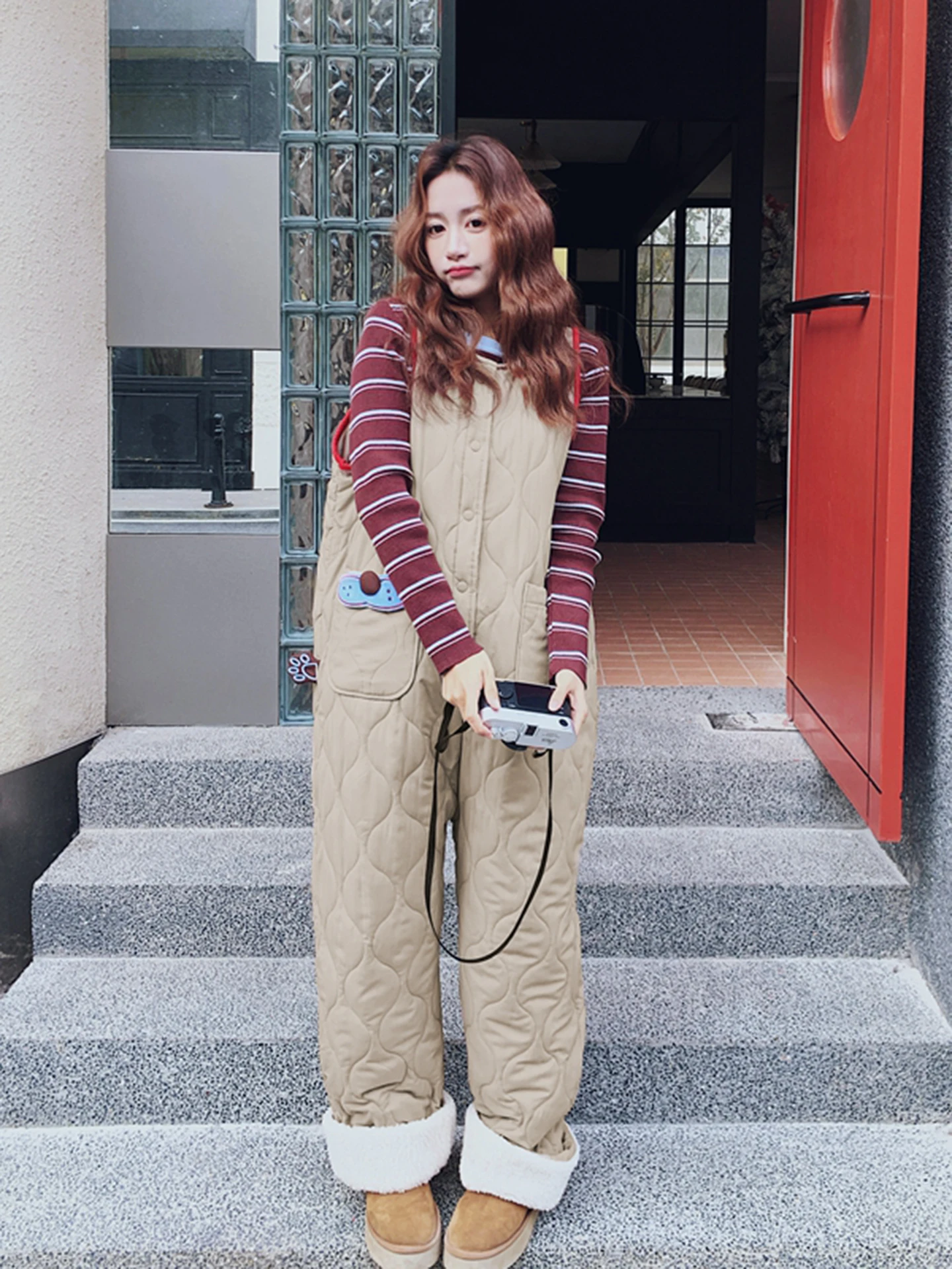 

Корейский комбинезон из хлопка в стиле пэчворк с мехом ягненка, женский длинный вязаный свитер Sve, зимнее новое поступление