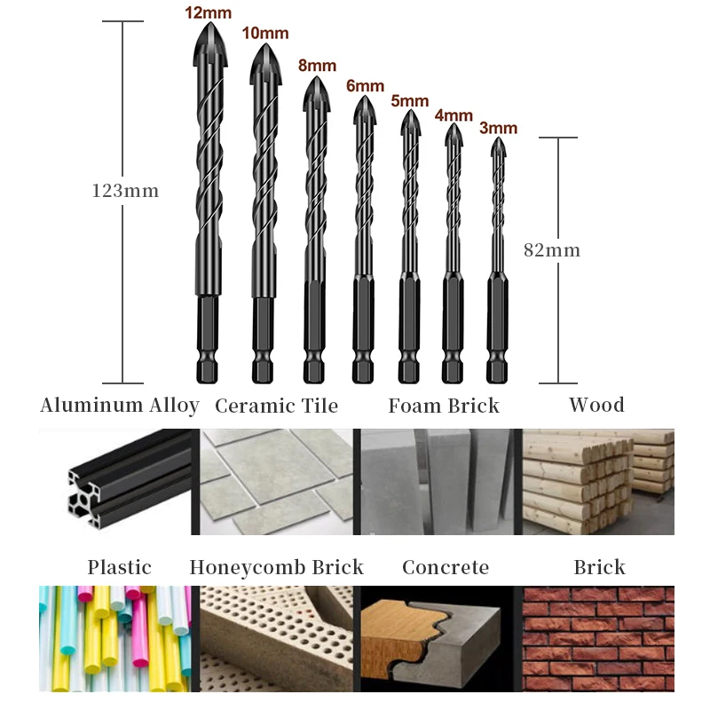 3-12mm 4 Flute Cross Hex Tile Drill Bits Set for Tile Glass Ceramic Concrete Hole Opener Brick Hard Alloy Triangle Bit Tool Kit