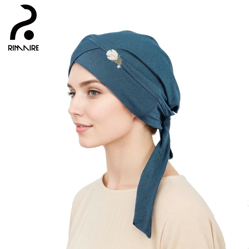 Teal Muslim Hat with Brooch Set Fashion Solid Black Hijab Caps for Women Newest Head Cover Clips Gifts Daily Wholesale RIMAIRE