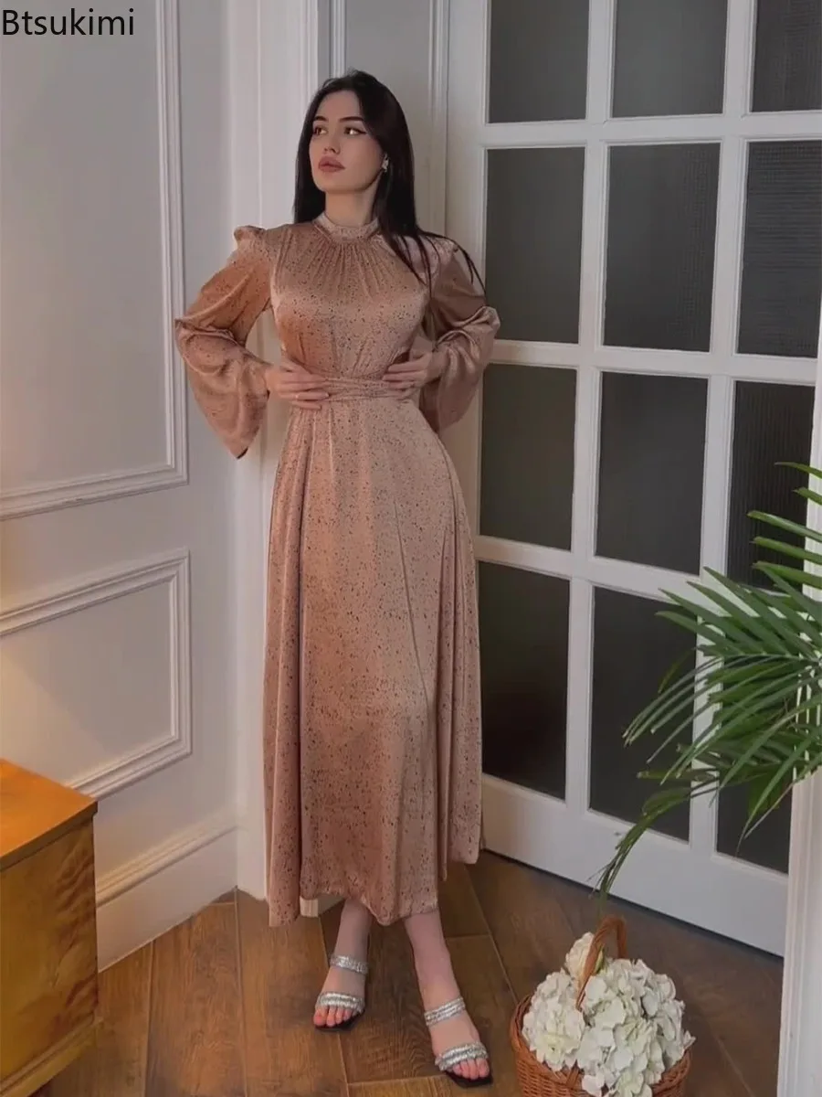 Elegancka satynowa sukienka maxi damska 2025, modna sukienka wieczorowa na przyjęcie z długim rękawem, wysoką talią, dopasowana, wiosenna nowa sukienka z nadrukiem, Vestidos Femme