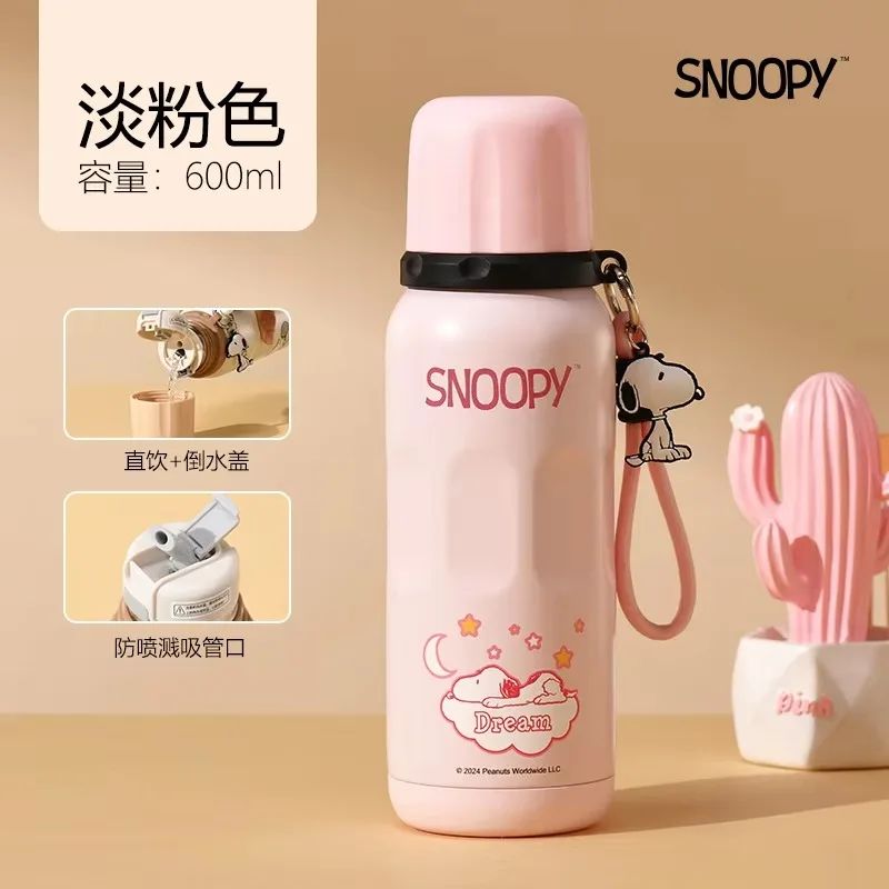 New Peanuts Snoopy Insulated Water Bottle 600Ml Straw Direct Pour Lid Vacuum Flask Cute Pink Portable Travel Thermos with Charm