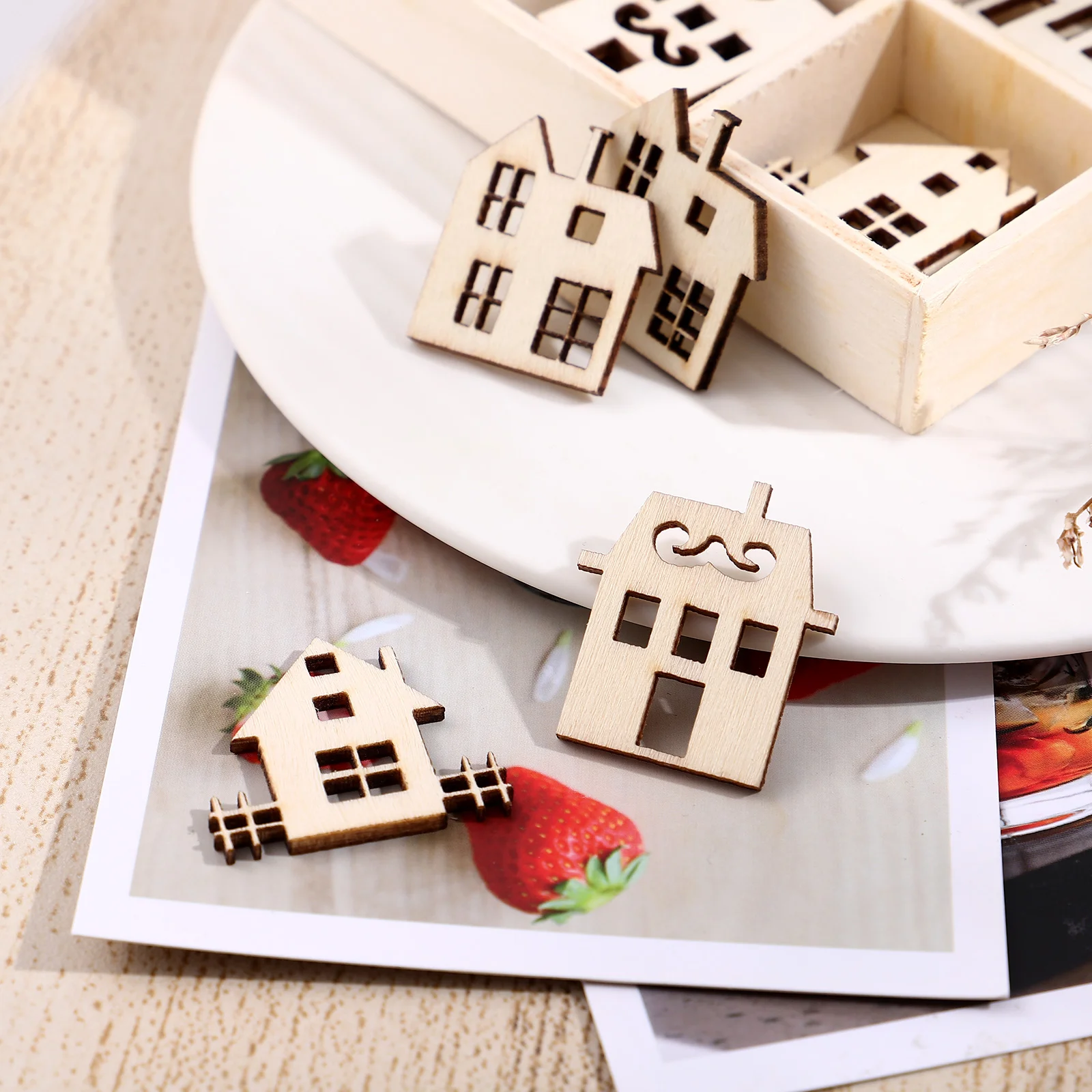 45 Pcs Ornaments Home Decor Accents DIY Decoration Supplies House Shape Wooden Slices