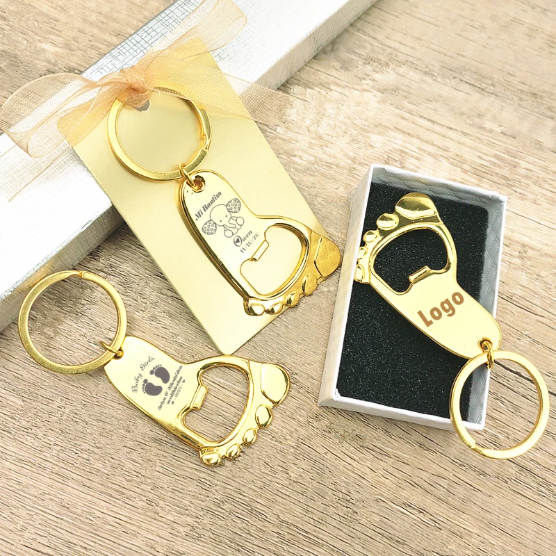 Personalisierte Babyparty-Geschenke, goldener fußförmiger Schlüsselanhänger, Flaschenöffner, Gastgeschenk zur Taufe, Feier, Party, Souvenir, Geschenke für Gäste – Detail 1