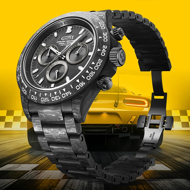 

BONEST GATTI Luxury Carbon Fiber Automatic Mechanical Watch for Men Waterproof Sports Chronograph Wristwatch with Butterfly Buck