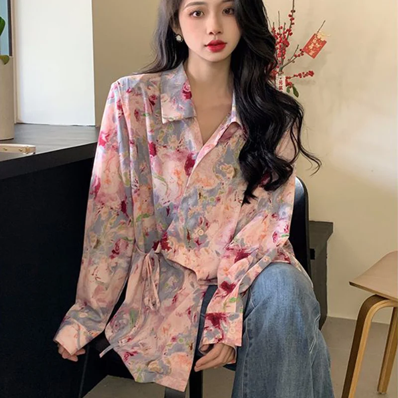 Retro printed long sleeves shirt for women\'s spring autumn new artistic style high-end loose slimming temperament elegant top