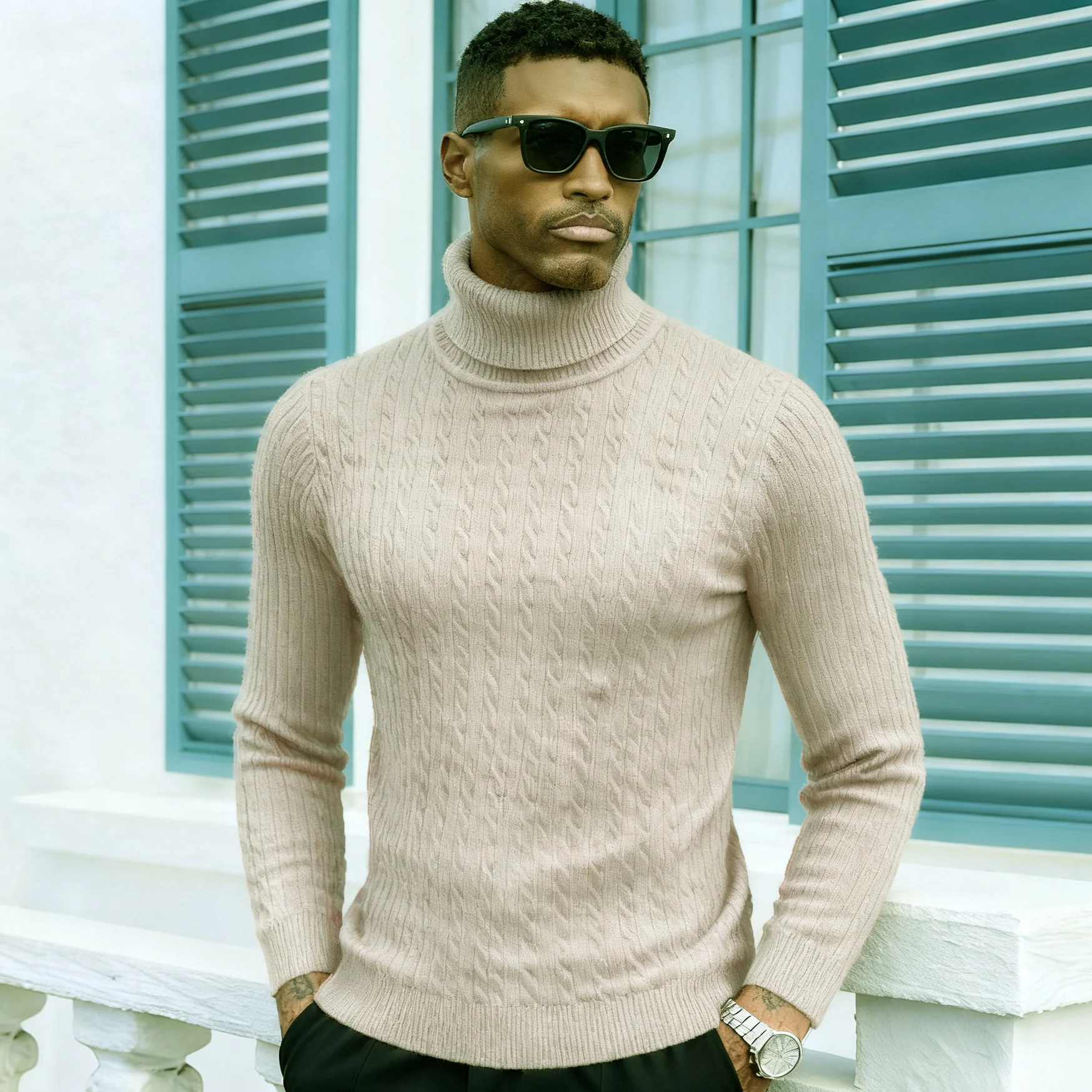 

Мужской свитер цвета хаки с высоким воротником, длинным рукавом, вязаный, с узором «косы», зимний, повседневный, эластичный, в корейском стиле, базовая универсальная модель