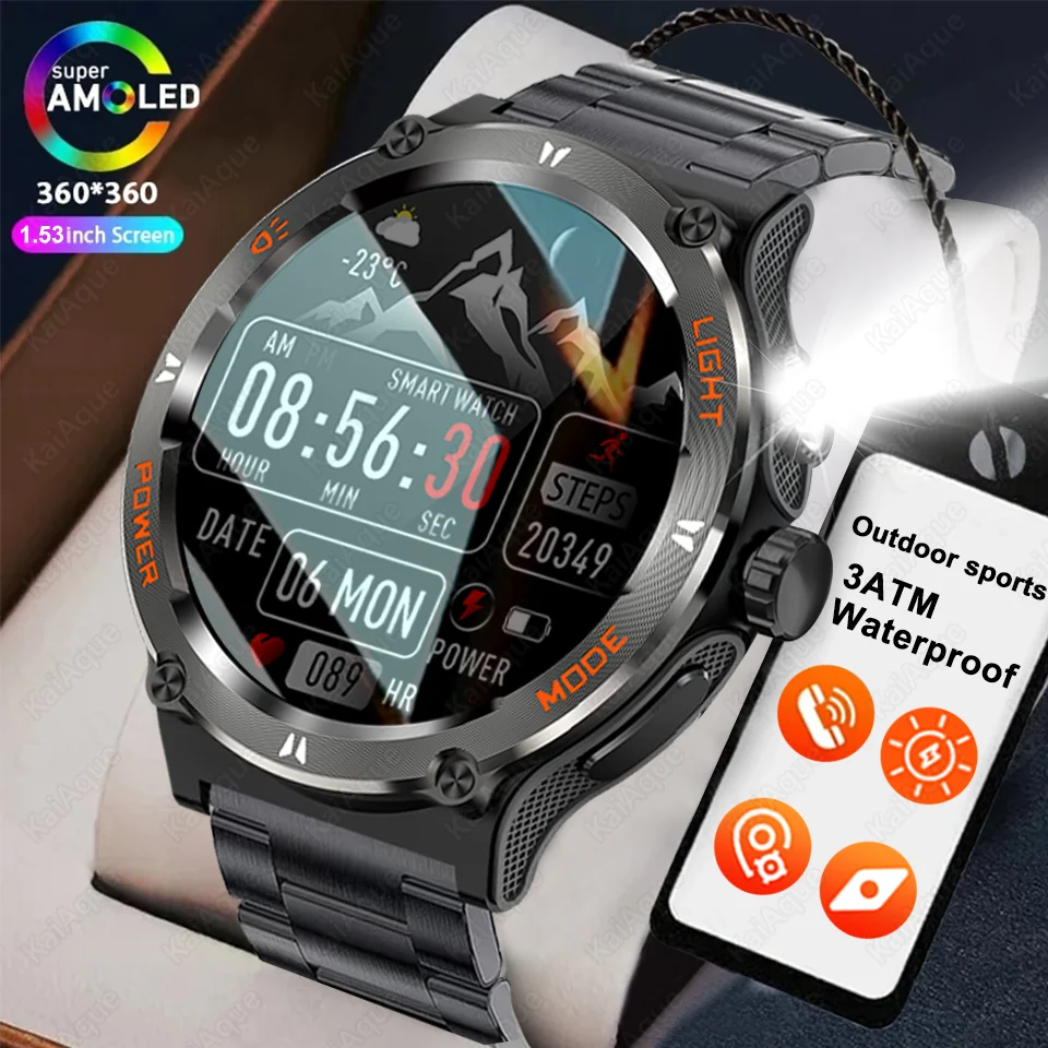 

Новые смарт-часы KT76 2026 года для мужчин, 1,53 дюйма, водонепроницаемость 3ATM, компас, LED-фонарик, мониторинг сердечного ритма и сна, Bluetooth-звонки