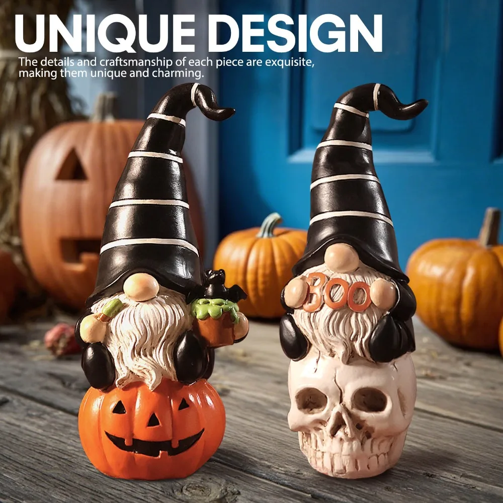 2 Pcs Halloween Gnomes Resin Figurines for Home Decorations Stuff Decor Resin Collectible for Tabletop Kitchen Home Office