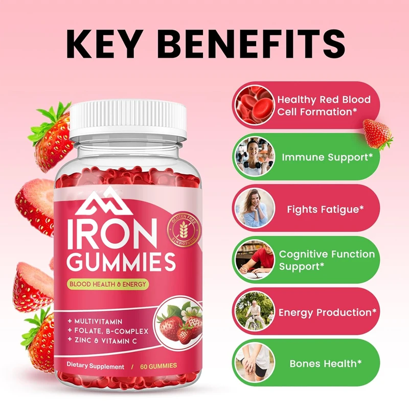 

Iron gummies containing multiple vitamins, zinc, vitamin B complex, C, B12, folic acid, strawberry flavor, 60 vegetarian gummies